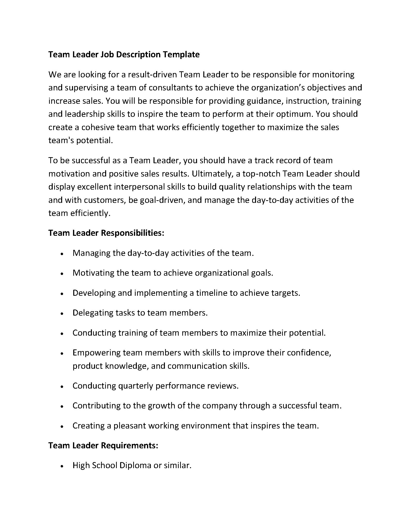 Team Leader Job Description Template